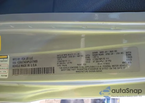 2023 Jeep Gladiator Willys 4X4 z USA, uszkodzony, nr VIN 1C6HJTAG9PL517469